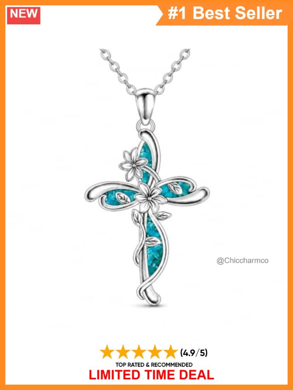 Turquoise Cross Necklace White Gold Plated Floral Pendant